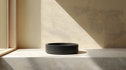 Fototapete - A minimalist black bowl sits on a light stone surface, illuminated by natural light streaming through a nearby window