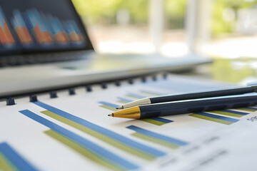 Poster - Close-up of business report with graphs and pens on desk, laptop displaying data in background