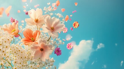 Cloud creative love concept of fresh Spring flowers in the sky background. Love, happy Valentine's Day an exploding bouquet. Pastel blue background. Illustration. Generative AI.