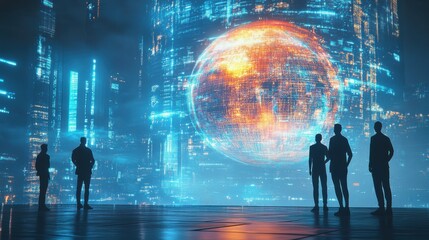 Poster - Silhouette of people standing in front of a glowing digital globe in a futuristic cityscape.