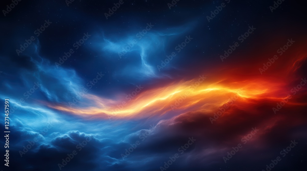 Dramatic clash of fiery red and cool blue clouds in a starry sky Stock ...
