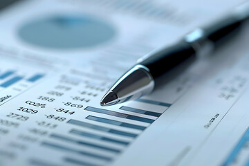 Poster - Close-up of a sleek pen resting on financial reports with graphs and data analysis in view