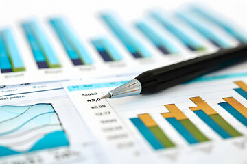 Poster - Close-up view of financial graphs and charts with a pen, illustrating data analysis and trends