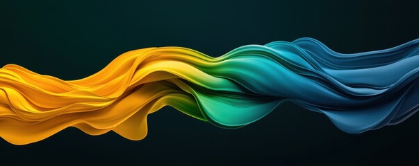 Fototapete - Vibrant flowing waves in yellow, green, and blue against a dark background create a dynamic and fluid visual experience.