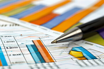 Poster - Close-up of financial charts and graphs with a pen, illustrating data analysis and trends