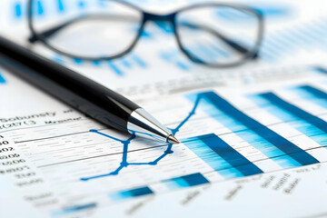 Poster - Close-up of a pen and glasses on a financial report with blue graphs and charts in the background