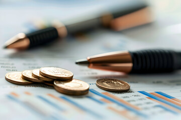 Poster - Close-up of coins and pens on financial documents with graphs, depicting investment analysis