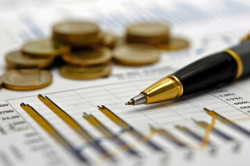 Poster - Close-up of financial analysis with pen, charts, and coins, highlighting investment trends