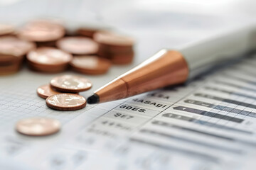 Poster - Close-up of copper coins and a silver pen on financial documents with charts in the background