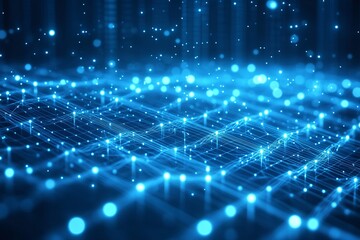Poster - Abstract Blue Digital Network Background, Connecting Dots of Technology, Abstract blue background with diagonal lines and glowing dots, a modern vector design for a technology or business presentation