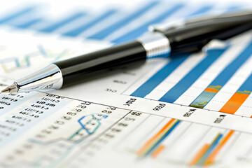 Poster - Close-up of a sleek black pen resting on financial charts and graphs, showcasing data analysis