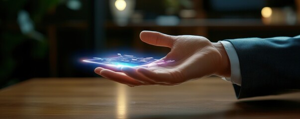 Poster - A hand holds a glowing, holographic device over a wooden table, symbolizing advanced technology and innovation in a modern setting.