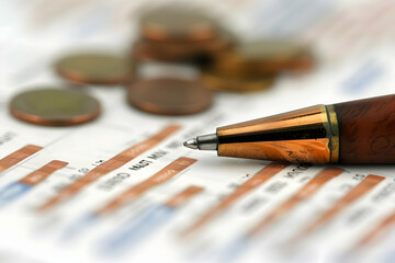 Poster - Close-up of a pen resting on financial documents with coins scattered in the background
