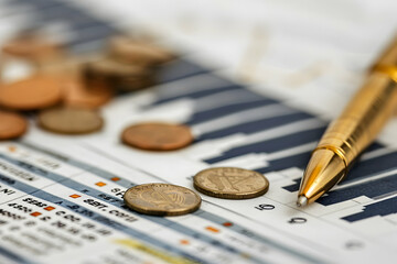 Poster - Close-up of coins and a pen on a financial document with charts and numbers in the background