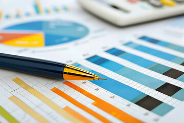 Poster - Close-up of a sleek pen resting on colorful charts and graphs, showcasing data analysis in an office