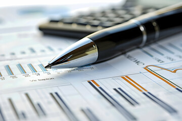 Poster - Close-up of a sleek pen resting on financial documents with graphs and a calculator in background