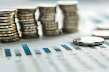 Poster - Stacks of coins on financial charts illustrating economic growth and investment trends