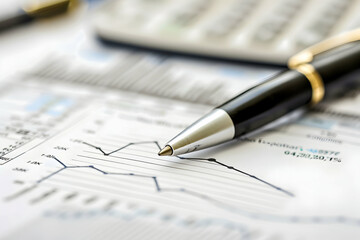 Poster - Close-up of a pen resting on financial documents with graphs and a calculator in the background