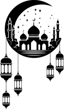 Ramadan lantern and crescent moon silhouette. mosque in black and white