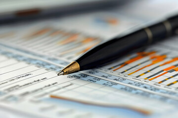 Poster - Close-up of a black pen resting on financial charts with colorful graphs and data analysis