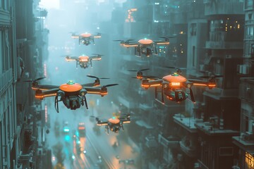 Wall Mural - A smart city with autonomous drones managing deliveries, surveillance, and communication,