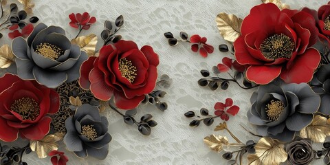 Wall Mural - 3D wallpaper featuring red and black flowers, with a grey lace background and golden elements