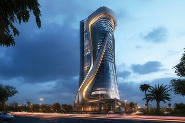 Poster - A sleek urban skyscraper with a distinctive design, A modern building featuring a unique spiral design, showcasing innovative architecture and dynamic lines.