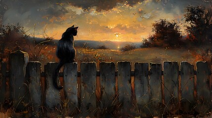 Wall Mural - a serene scene of a cat sitting on a wooden fence dabcfceadcfea AI generated illustration