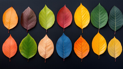 Wall Mural - Row of leaves with different colors. Minimalistic background.