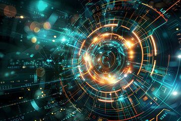 Poster - Abstract futuristic digital background with glowing circles and data streams, ideal for technology themes