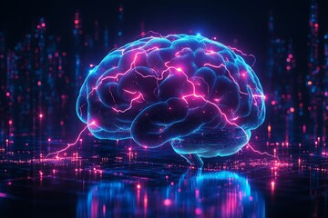 Poster - Graphic representation of brain power or neurology, glowing brain with lightning bolts around it, representing the concept of high energy and concentration