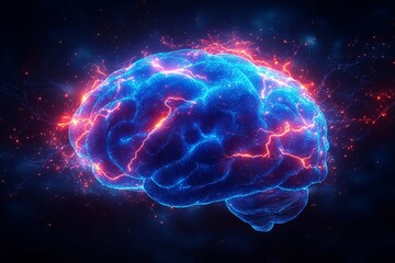 Poster - Graphic representation of brain power or neurology, glowing brain with lightning bolts around it, representing the concept of high energy and concentration