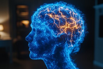 Poster - Graphic representation of brain power or neurology, glowing brain with lightning bolts around it, representing the concept of high energy and concentration