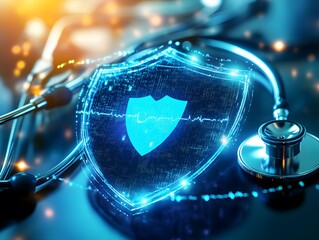 Poster - Digital Health Protection Concept with Stethoscope and Shield Icon