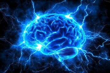 Poster - Graphic representation of brain power or neurology, glowing brain with lightning bolts around it, representing the concept of high energy and concentration