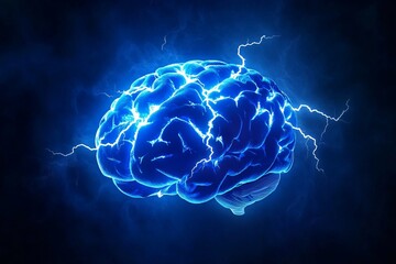 Poster - Graphic representation of brain power or neurology, glowing brain with lightning bolts around it, representing the concept of high energy and concentration