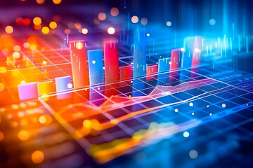 Poster - Colorful data visualization with vibrant bar graphs and line charts on a digital grid background