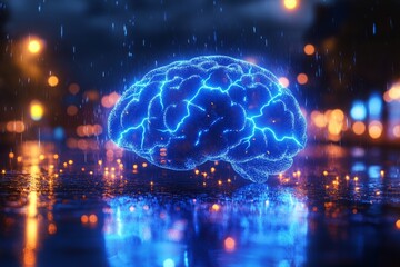 Poster - Graphic representation of brain power or neurology, glowing brain with lightning bolts around it, representing the concept of high energy and concentration