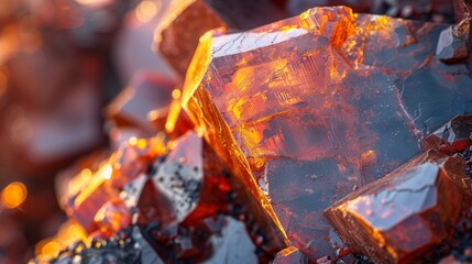 Aufkleber - A stunning close up reveals intricate details of orange red crystals glistening under sunlight, showcasing their unique shapes and textures in a natural environment.