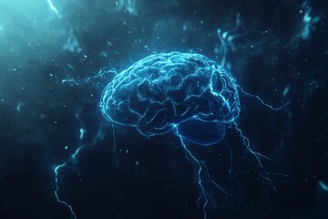 Poster - Graphic representation of brain power or neurology, glowing brain with lightning bolts around it, representing the concept of high energy and concentration