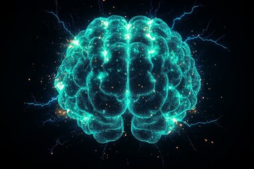 Poster - Graphic representation of brain power or neurology, glowing brain with lightning bolts around it, representing the concept of high energy and concentration