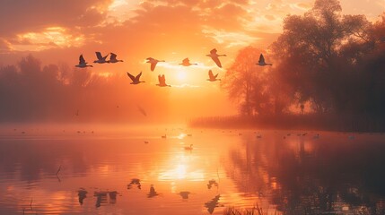 Wall Mural - flock of geese flying over a peaceful lake at dawn dfbcaedbbe AI generated illustration