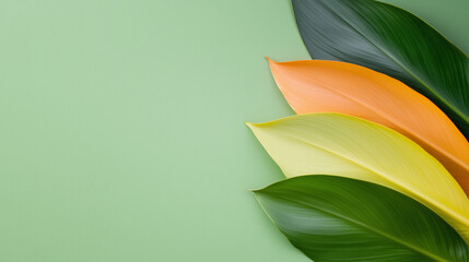 Wall Mural - Green leaf is next to a yellow leaf. Minimalistic background.