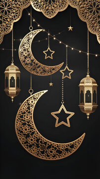 Islamic art-inspired décor with hanging moons and lanterns