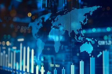 Poster - abstract digital world map with financial data visualizations and glowing graphs in background