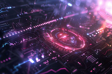Poster - Futuristic digital circuit board with glowing elements and abstract data visualization