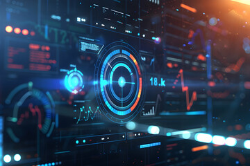 Poster - Futuristic digital interface displaying data analytics and graphs in a tech environment