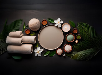 Wall Mural - Spa setup with rolled towels, bowls, plate, flowers, and leaves on dark background. Wellness and relaxation concept.