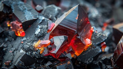 Aufkleber - Stunning red and black crystals are prominent among dark mineral fragments, revealing unique geometric shapes and reflecting light beautifully in a natural setting.