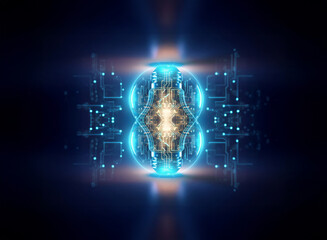 Fototapete - Abstract sci-fi background with glowing blue and gold light forms a symmetrical, technological design element against a dark backdrop.